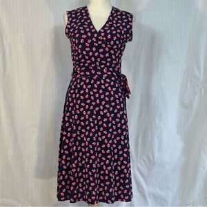 Leota Dress Navy W/Strawberry Print Jersey Faux Wrap Self Belt Sleeveless S 👍